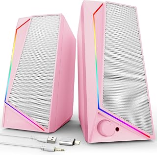 LENRUE Computer Speakers, USB/USB-C Powered AUX Audio for PC Speakers with Loud Stereo Sound, Headphone-in, Touch Lights for Desktop, Computer, Laptop, Desk（USB-C to USB Adapter Included