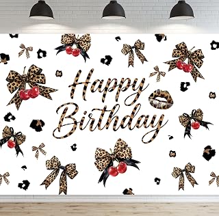 Leopard Print Birthday Backdrop Bow Cheetah Lips Brown Party Decorations | 7Wx5H, Bowknot Girly fabric photography backdrop, lightweight and reusable for photos.
