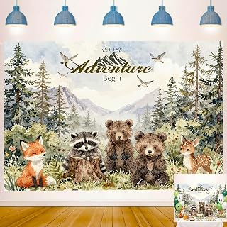 Let The Adventure Begin Backdrop Photo Woodland Forest Animals Background Photography Pine Tree World Mountain Wilderness Baby Shower Decorations Supplies Banner 6x4ft