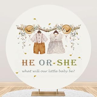 Leyiyi 6x6ft He or She Gender Reveal Round Backdrop Cover Polyester What Will Our Little Baby Be Photography Background Rustic Branches Eucalyptus Leaves Baby Boy Girl Clothes Birthday Party Decor