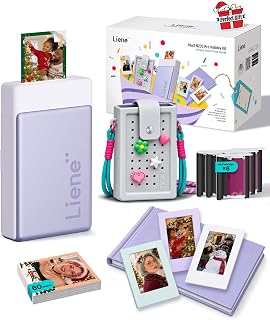 Liene Pearl N200 Pro Portable Photo Printer Gift Bundle, Thermal Dye Sublimation Bluetooth 5.2 for iPhone Purple, 60 Sheet 2x3 Sticker Paper, 6 Cartridges, Silicone Bag, Custom Album & 3 Color Frames