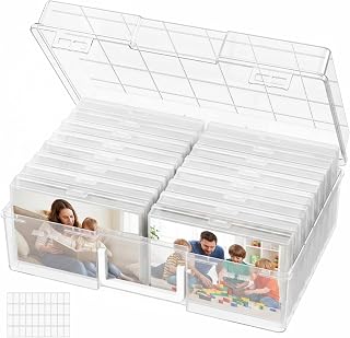 Lifewit 16 Pcs Photo Storage Box for 4"x 6" Pictures, Acid-Free, Clear | 1 Pcs Transport Outter Case with Handle& Labels, Container for Cards, Sticker, Seed, Scrapbooking, Craft, Classroom Supplies
