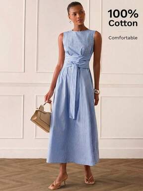 Lilora Women's Elegant Coastal Chic French Style Sleeveless Long Dress Brunch Tea Party Vacation Blue And White Stripe Stripe Stripe For Women Summer  #WorkwearBasics