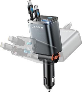 LISEN Retractable Car Charger USB C Fast Charge for iPhone 17 16 15 Pro Max | [Upgraded 4 in 1 Dual Type-C Cables] 75W Car Phone Charger Cigarette Lighter Adapter for Galaxy,Car Accessories for men women