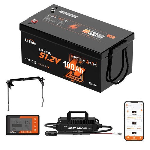 LiTime 48V 100Ah Golf Cart Smart LiFePO4 Lithium Battery+18A Charger+Monitor Lot