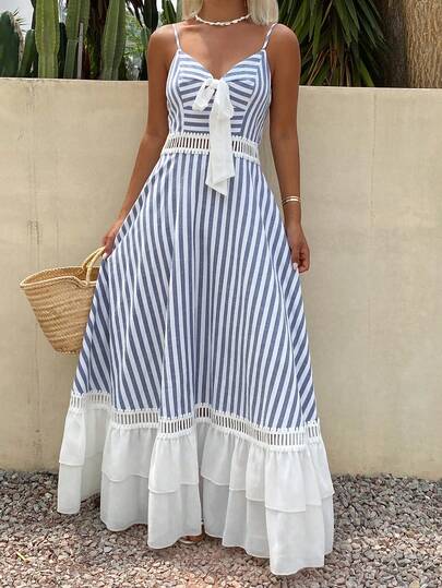 Livesso Women's Vacation Casual Striped Patchwork Ruffle Hem Dress Summer Sundress