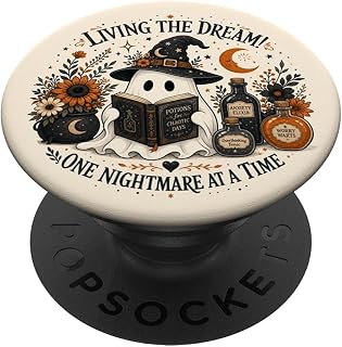 Living The Dream Witchy Ghost Boho Fall Floral Halloween Art PopSockets Adhesive PopGrip
