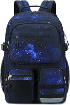 Lohol Water Resistant Backpack with Multifunctional Pockets for Teens, Durable Bookbag fits 15.6 inch Laptop for School Travel College, 25L (Black Blue Galaxy)