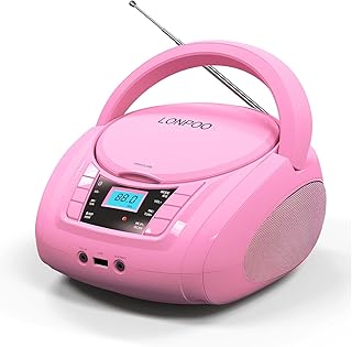 LONPOO CD Player Portable Boombox with FM Radio/USB/Bluetooth/AUX Input and Earphone Jack Output, Stereo Sound Speaker & Audio Player,Pink