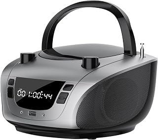 LONPOO Portable CD Boombox -FM & AM Radio, CD Player, Bluetooth, USB, MP3, AUX,Portable, Built-in Stereo Speakers, Carrying Handle, LCD Display,Gray