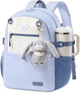 LOVEVOOK Backpack for Girls, Cute School Backpack with Bunny Charm & Large Cup Holder for Primary Elementary, Fits 15.6 Inch Laptop, Large Capacity Girls Bookbag, Purple-Beige