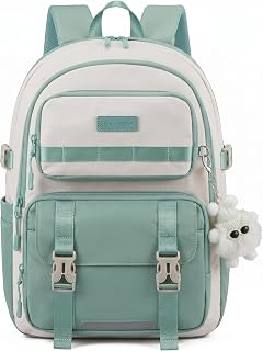 LOVEVOOK Big School Backpack for Teen Girls Anti-Sagging Laptop Bookbag | For Age 8-16 Middle High School College, Fits 15.6" Laptop & Large Water Bottle, with DIY Webbing & Cute Plush Charm, Khaki