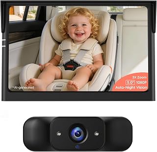 LUCKVIEW BM1 Baby Car Camera, 5" 1080P Baby Car Monitor | Auto IR Night Vision, 3X Zoom & 360&deg; Rotation, Easy No-Tool Installation, Real-Time Rear Seat View for Safe Driving