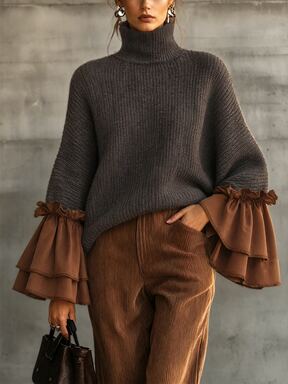 LUMIGAL Women's Chunky Ribbed High Neck Loose Pullover Sweater With Patchwork Double Layer Ruffle Bell Cuffs And Dolman Sleeves  #WarmToneLayered