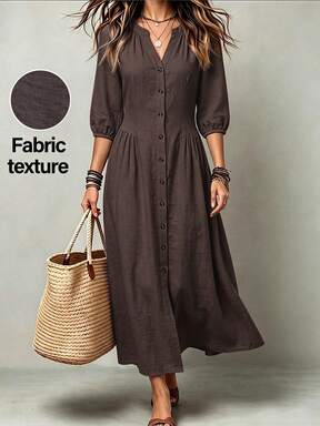 LUMIGAL Women's V-Neck Petal Sleeve Cinched Waist Button Long Dress Everyday Travel Dark Brown Autumn Casual Retro Vintage s 2000s Picnic $21.89 Flash Sale