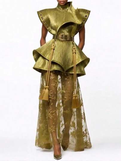 Luxury Olive Green Structured Two Piece Set Women Stand Collar Cape Peplum Top Sheer Floral Lace Maxi Skirt Elegant Couture Formal Outfit(No Belted)