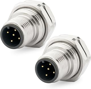 M12 5 Pin Male Solder Cup Panel Back Mount IP67 12mm 2PCS | Round seat threaded coupling aviation connector socket, waterproof for industrial sensors