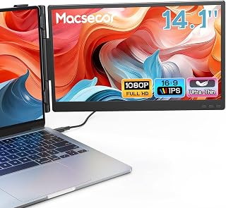 Macsecor Laptop Screen Extender, 14.1'' FHD 1080P Ultra-Slim Portable Monitor for Laptops, USB-C/HDMI Travel Monitor Extender Plug & Play for 13"-16" Laptop, Compatible with Wins/Mac/Android/Chrome