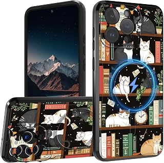 Magnetic Case for iPhone 16 Pro Max with Camera Cover Stand, Double Layer Rugged Shockproof Protective Case, Wireless Charging Compatible Case for iPhone 16 Pro Max 6.9 Inch, Cat Bookshelf