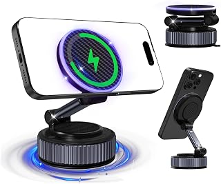 Magnetic Phone Charging Holder for Car - Upgraded 360&deg; Vacuum Magnetic Phone Holder, Foldable Retractable Suction Cup Car Phone Mount for Magsafe for Your Car/Gym/Mirror Mount for iPhone & Android