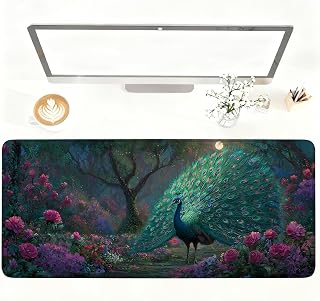 Majestic Peacock Large Gaming Mouse Pad - 35.4 x 15.7 Inch Extended Desk Mat, Floral Garden Bird Mousepad with Non-Slip Rubber Base, Waterproof Stitched Edges Desk Pad for Home & Office