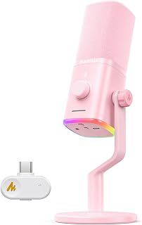 MAONO PD100W Wireless Dynamic Gaming Microphone for PC with USB-C Receiver | One-Click Noise Reduction,Custom RGB,Mute,Monitoring, Companion App,Wireless Desktop Mic for Creator, Stream, Podcast, Pink