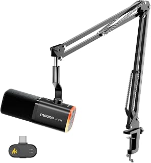 MAONO PD100W Wireless USB Dynamic Microphone, Gaming PC Mic with One-Click Noise Reduction,Mute Button,Custom RGB,3.5mm Headphone Jack,Software,Podcast Streaming Mic (Boom Arm(USB-C Receiver), Black)