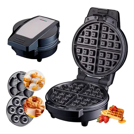 Maquina 3 En 1 Donas Waflera Cupcake El&eacute;ctrica Antiadherente Plateado/negro