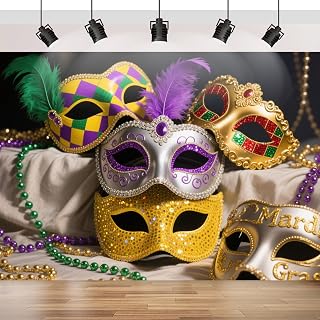 Mardi Gras Photo Booth Backdrop 7x5ft, Washable Fabric Masquerade Party Decorations with Metal Rings & 20ft Ribbon, Vibrant Purple Green Gold Carnival Background for Fat Tuesday Party Supplies
