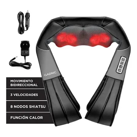 Masajeador Cervical Gadnic Ombu El&eacute;ctrico 8 Nodos Tecnolog&iacute;a Shiatsu Funci&oacute;n De Calor Infrarrojo Rotaci&oacute;n Autom&aacute;tica Control Integrado Ergon&oacute;mico Port&aacute;til Adaptador Auto 12v Cuello Espalda Negro/gris