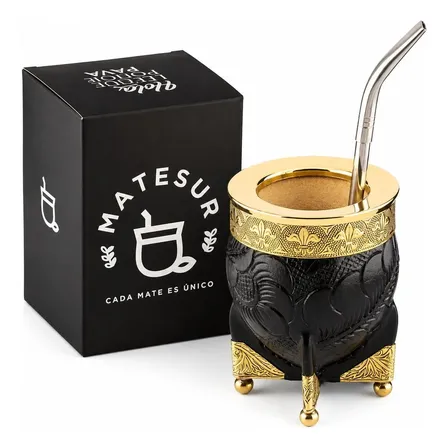 Mate Imperial Botitas Flor De Lis Bronce Repujado + Bombilla Negro Imperial Flores Cincelado Hojas