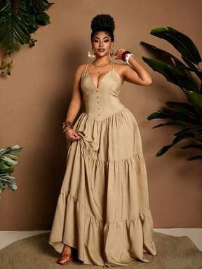 Maweii Plus Size Women Denim Effect A-Line Long Strap Sexy Dress Fall  #CinchedWaists