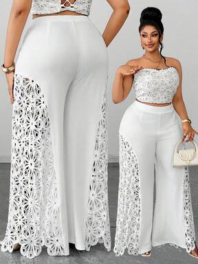 Maweii Women's Plus-Size Fashionable And Elegant White Wide-Leg Trousers With White Lace Side Panels And A Cutout Design. Perfect For Vacation And Casual Wear, Versatile For Everyday Wear. White Beach Shorts.  #ChillDateNight