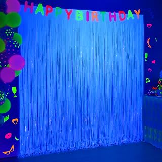 Mega-L Glow in The Dark Party Supplies, Fluorescent Blue Backdrop, 2 Pack | Fluorescent Tinsel Foil Fringe Curtains, Glow Photo Booth Props for Birthday, Neon Party