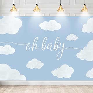 MEHOFOND 8x6ft Oh Baby Shower Backdrop Blue Baby Birthday Party Decorations Backdrop Blue Sky White Cloud Baby Shower Party Decorations Cake Table Banner Supplies Photo Studio Props