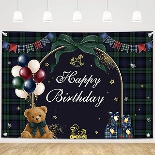MEHOFOND Tartan Plaid Bear Backdrop Banner, Green Classic Vintage Theme Boy Birthday Party Background Bear First Birthday Decorations Photo Booth Banner
