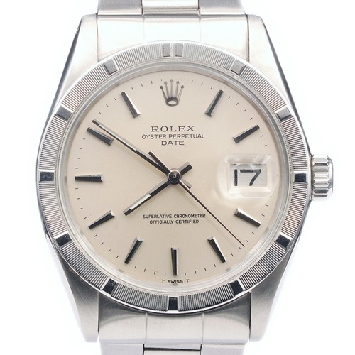 Mens Rolex Date Stainless Steel Watch Engine-Turned Index Bezel Silver Dial 1501