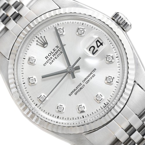 MENS ROLEX DATEJUST 1601 18K WHITE GOLD STAINLESS SS SILVER DIAMOND DIAL WATCH