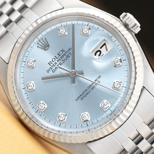 MENS ROLEX DATEJUST 1601 ICE BLUE DIAMOND 18K WHITE GOLD STAINLESS STEEL WATCH
