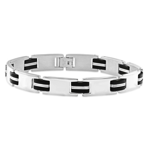 Men's Steel And Black Two Tone, Two striped 10mm Link  8.5 " Bracelet