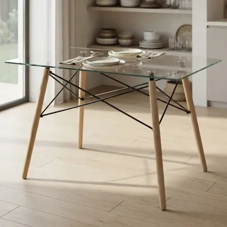 Mesa De Comedor Rectangular De Vidrio Pata Madera 120x80cm Vidrio Madera