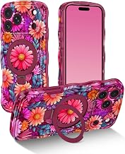 Meshine for 18 Pro Max Case,iPhone 17 Pro Max Case with Magnetic Stand,[Compatible with MagSafe] Wave Frame Cute Flower Design Shockproof Drop Protective Women Cover for 18/17 Pro Max,Bright Cherry