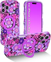 Meshine for iPhone 18 Pro Max Case,iPhone 17 Pro Max Case with Magnetic Stand,[Compatible with MagSafe] Wave Frame Cute Flower Shockproof Protective Women Cover for iPhone 18/17 Pro Max,Purple Flower