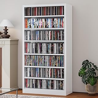 Metal DVD Storage Cabinets White, 7-Tier CD Storage Rack with Adjustable Shelves for CD Holder, Books, Games, Book Shelf for Living Room & Home Office