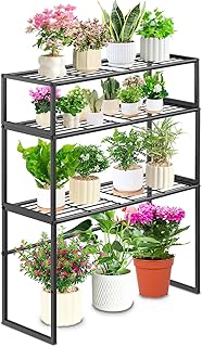 Metal Plant Stand Indoor Outdoor, 3 Tier Potted Multiple Flower Pot Holder Rack Plant Shelf, Heavy Duty Planter Display Shelving for Patio Balcony Garden Living Room Decorative (Black-3 Tier)