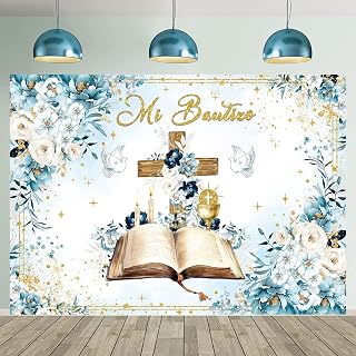 Mi Bautizo Backdrop Baptism Party Decorations 8x6FT Green Eucalyptus Leaves God Bless Photography Background Holy Christening Baby Shower Party Decorations Banner Photo Props