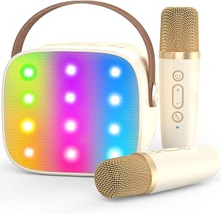 Mini Karaoke Machine,Funny Toys Christmas Birthday Gifts for Kids Age 4-12 Girls,Boys,Adults,MEGUO Karaoke Microphone Toys for 4,5,6,7,8,9,10,11,12+ Year Old Girls Boys (Beige2-LED)