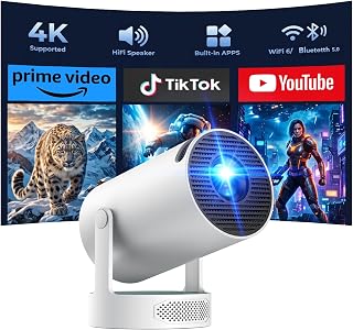 Mini Projector with WiFi and Bluetooth, Smart Portable Projector with 4K Support, 5w Sound Base Speaker, 260 ANSI, 210&deg; Rotation, Auto Keystone Correction for Home Bedroom Outdoor, HY300 Plus
