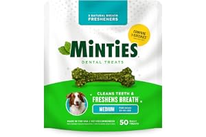 Minties Mint Dental Chews for Dogs, Medium Breeds 25-50 lbs, 50 Count | Vet-recommended mint dental bone; scrubs teeth as dogs chew; fights plaque, tartar & bad breath; no soy/wheat/corn