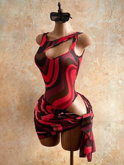 Mistrie Sexy Contrast Color Wavy One-Shoulder Cutout Bodysuit Bikini With Printed Mesh Skirt -Piece Set, Slimming Beach Vacation Swimwear, Blogger Style Party Hot Spring Women's Outfit $14.89